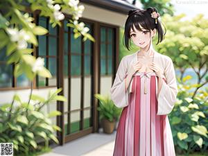 A woman in a white kimono standing in front of a window.