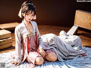 A woman in a white kimono standing in front of a window.