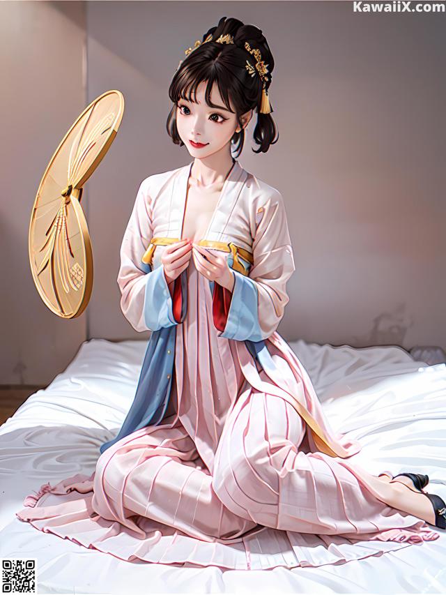A woman in a pink and blue kimono sitting on a bed.