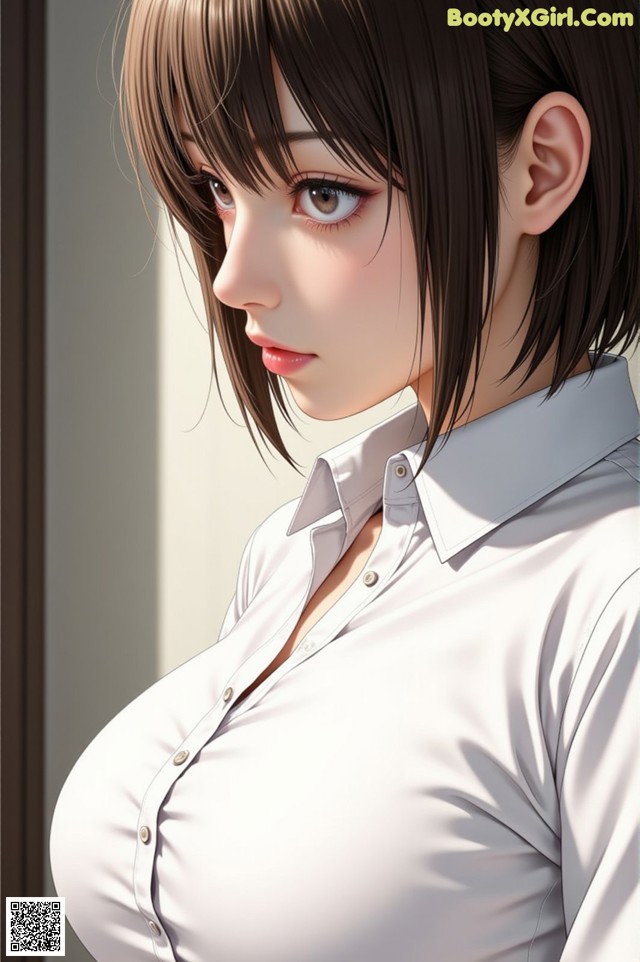 A woman in a white shirt is looking out a window.