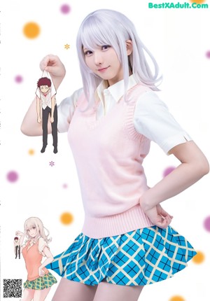 A woman in a pink shirt and blue skirt standing on a ladder.