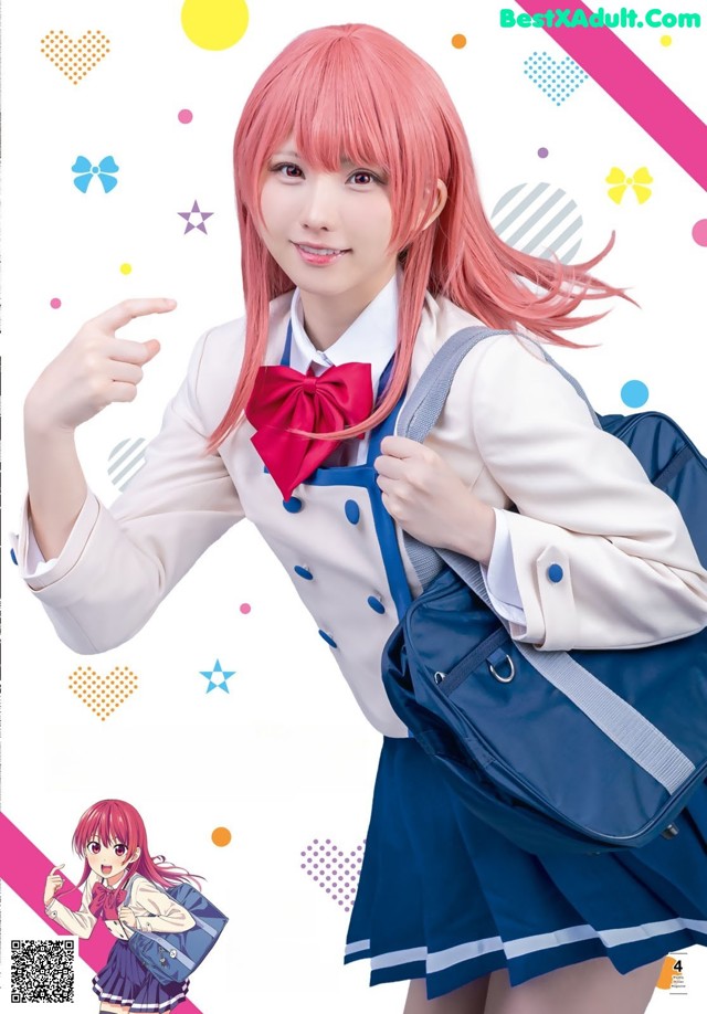 A girl in a school uniform with pink hair and a backpack.