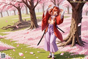 A woman stands in a traditional Japanese setting, holding swords, with cherry blossoms and a serene river backdrop.