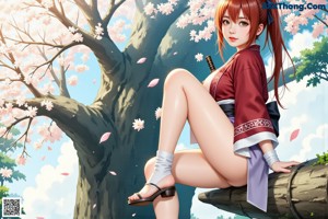 A woman in a red and purple outfit holds a sword, standing outdoors with cherry blossoms.