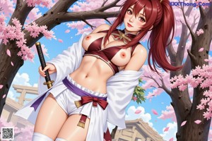 A woman in a white kimono and purple shorts stands outdoors with cherry blossoms.