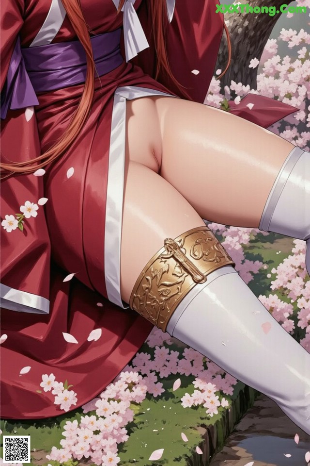 A woman in a red kimono with a purple sash and gold armlet lies amidst cherry blossoms.