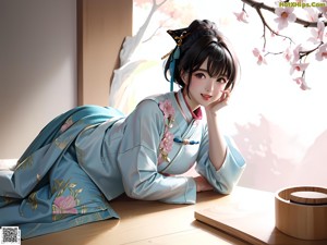 A woman in a yellow kimono sitting on a bed holding a bowl of food.