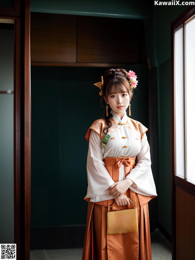 A woman in a kimono standing in front of a window.