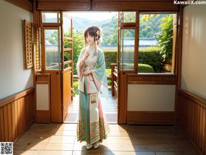 A woman in a chinese dress standing next to a tree.