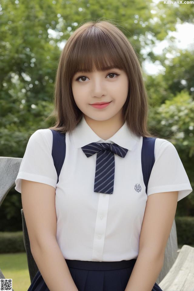A young woman in a school uniform sitting on a bench.