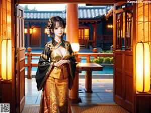 A woman in a blue and purple kimono standing in front of a door.