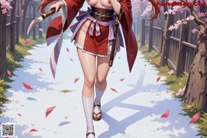 A woman in traditional attire with a flowing robe and sandals stands amidst falling petals.