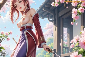 A woman in traditional attire stands outdoors with cherry blossoms and rocks in the background.