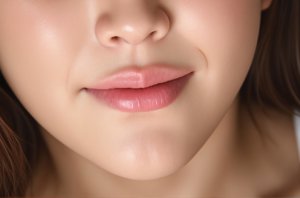 A close up of a woman's face with long brown hair.