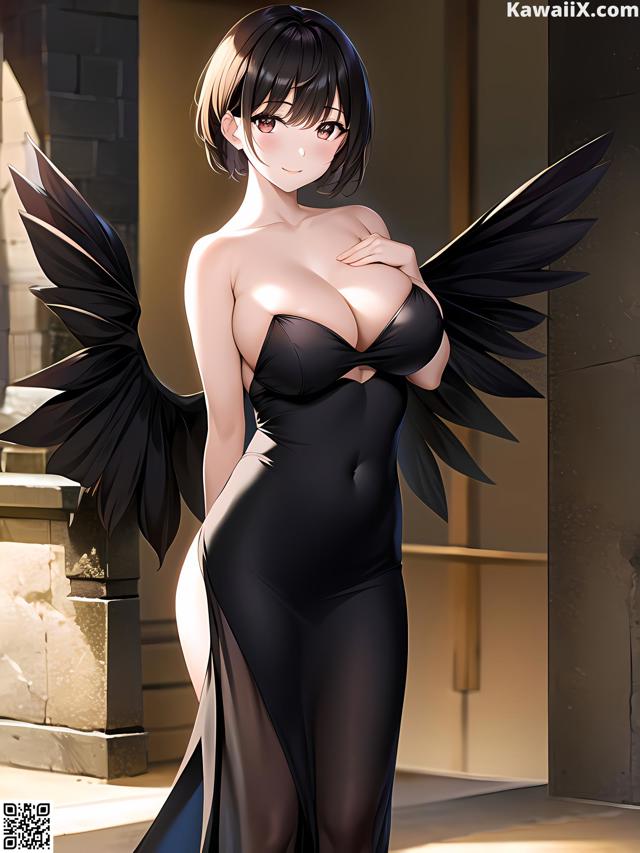 A woman in a black dress with black wings.